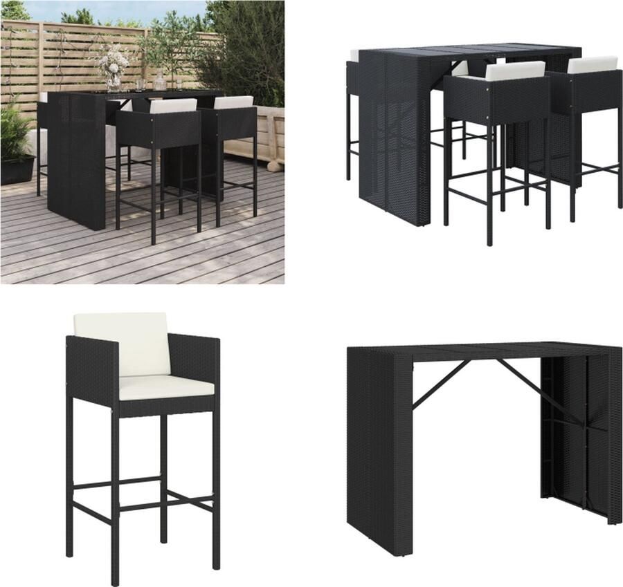 VidaXL 5-delige Tuinbarset met kussens poly rattan zwart Tuinbarset Tuinbarsets Bartafelset Bartafel En Kruk