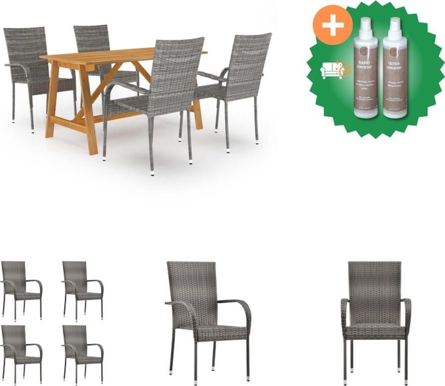 VidaXL Tuinset Acaciahouten eettafel PE rattan stoelen Grijs 140x70x73.5 cm Tuinset Inclusief Onderhoudsset