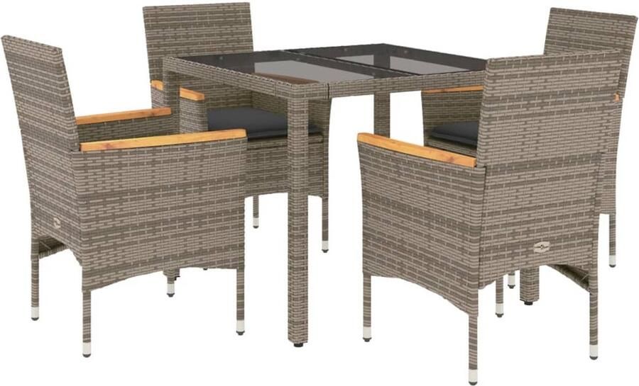 VidaXL 5-delige Tuinset met kussens poly rattan en glas grijs