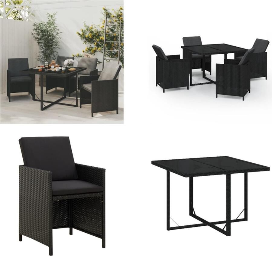 VidaXL 5-delige Tuinset met kussens poly rattan zwart Tuinset Tuinsets Tuinmeubelset Eetset
