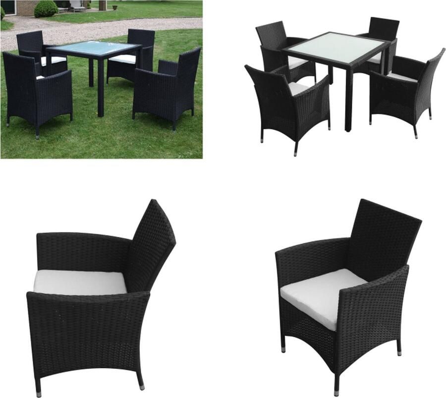 VidaXL 5-delige Tuinset met kussens poly rattan zwart Tuintafel En Stoel Tuintafels En Stoelen Tuintafel Set Tuintafel Sets