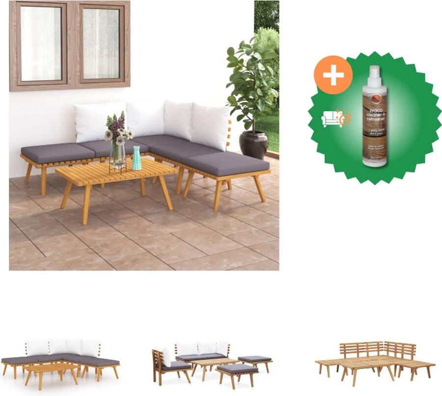 VidaXL Loungeset Acaciahout Hoekbank (65x65x65cm) Middenbank (60x65x65cm) Salontafel (90x55x35cm) Kruk 9x Kussen Tuinset Inclusief Houtreiniger en verfrisser