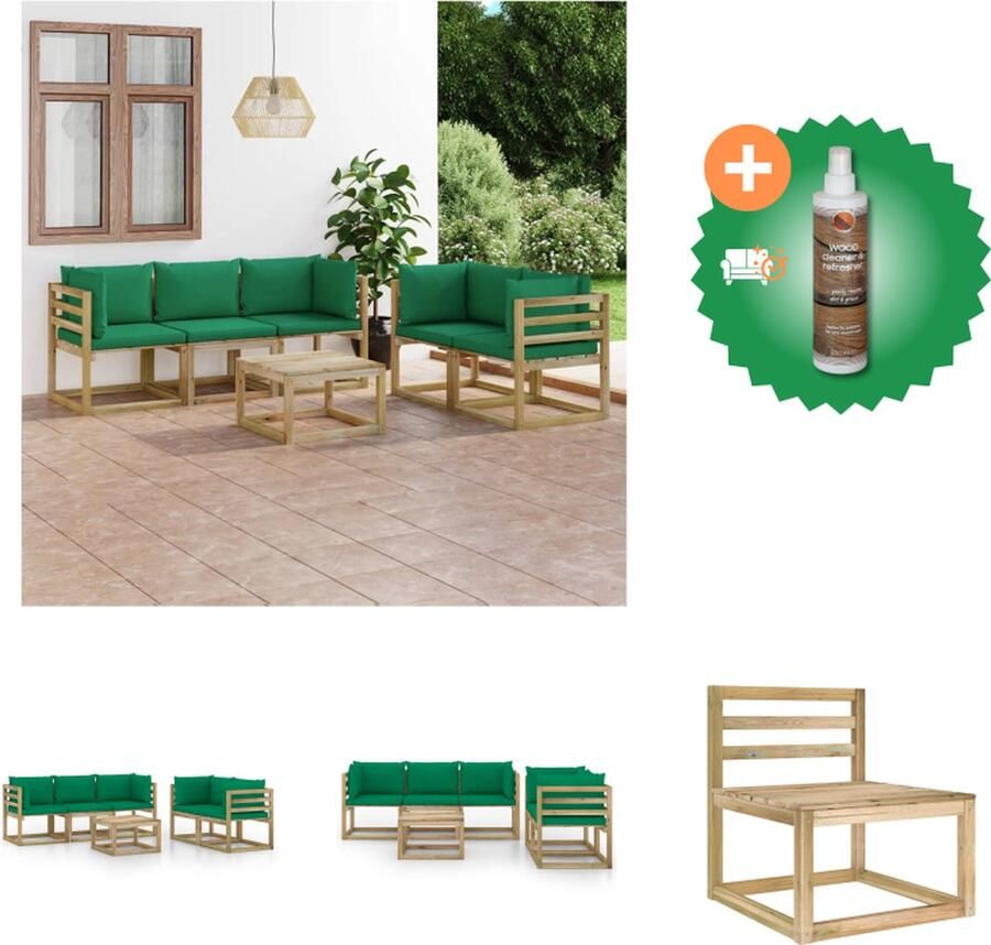 VidaXL Loungebank Grenenhout Groen geïmpregneerd Hoekbank + Middenbank + Tafel Incl Kussens Tuinset Inclusief Houtreiniger en verfrisser