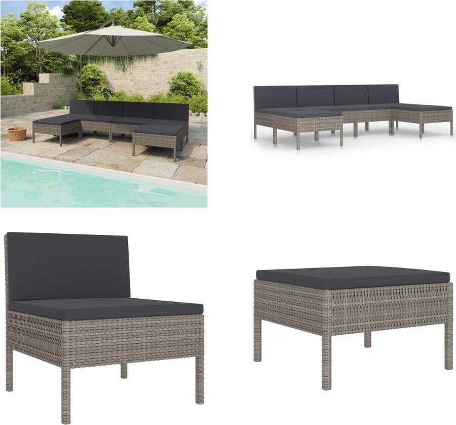 VidaXL 6-delige Loungeset met kussens poly rattan grijs Tuinbank Tuinbanken Loungebank Loungebanken