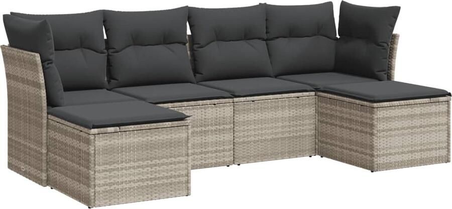 VidaXL 6-delige Loungeset met kussens poly rattan lichtgrijs