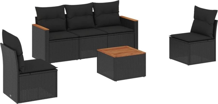 VidaXL 6-delige Loungeset met kussens poly rattan zwart