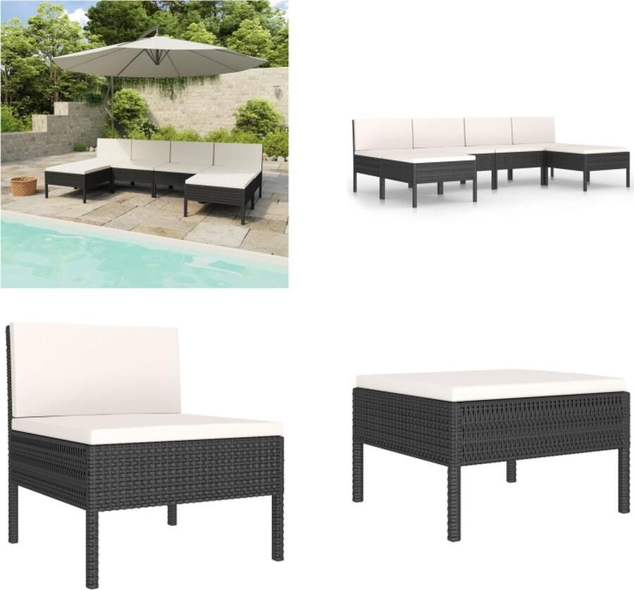 VidaXL 6-delige Loungeset met kussens poly rattan zwart Tuinbank Tuinbanken Loungebank Loungebanken