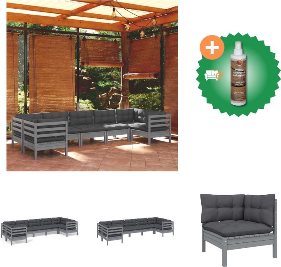 VidaXL Loungebank Grijs Massief grenenhout 63.5 x 63.5 x 62.5 cm Inclusief kussens Tuinset Inclusief Houtreiniger en verfrisser