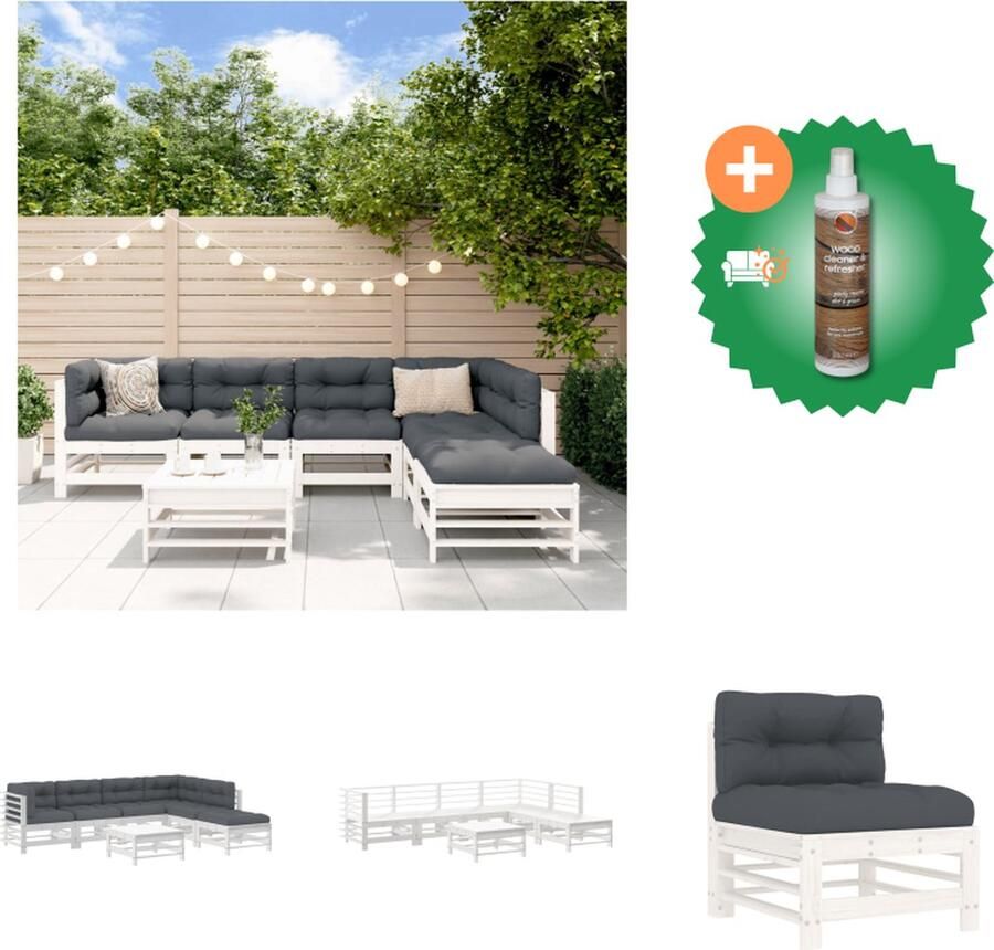 VidaXL Loungeset Modulair Massief Grenenhout Wit 3 middenbank 2 hoekbank 2 voetenbank salontafel Tuinset Inclusief Houtreiniger en verfrisser