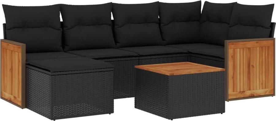 VidaXL 7-delige Loungeset met kussens poly rattan zwart