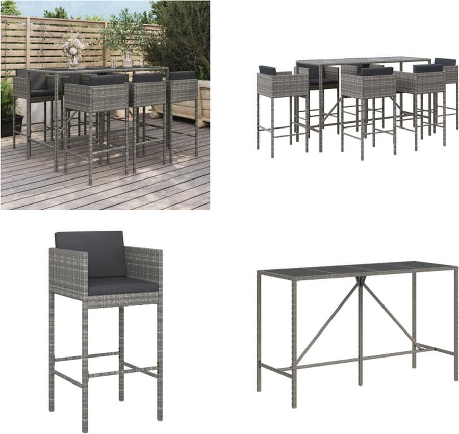 VidaXL 7-delige Tuinbarset met kussens poly rattan grijs Tuinbarset Tuinbarsets Bartafelset Bartafel En Kruk
