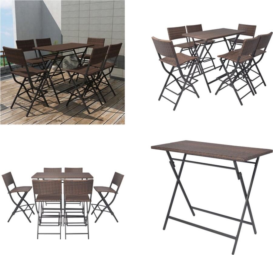VidaXL 7-delige Tuinset inklapbaar staal poly rattan bruin Buiten Barset Buiten Barsets Buiten Eethoek Buiten Eethoeken