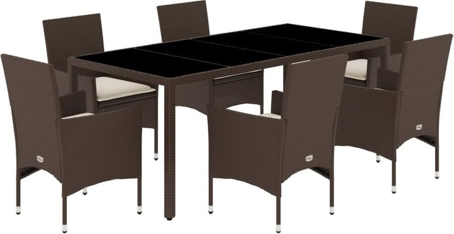 VidaXL 7-delige Tuinset met kussens poly rattan en glas bruin