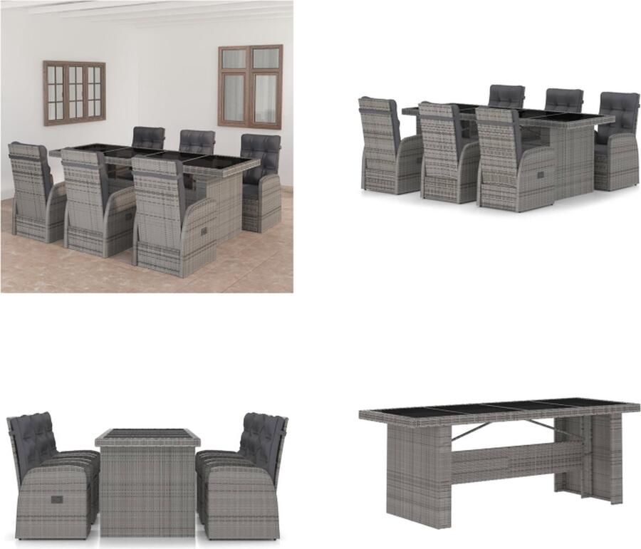 VidaXL 7-delige Tuinset met kussens poly rattan grijs Eethoek Voor Buiten Eethoeken Voor Buiten Tuintafel En Stoel Tuintafels En Stoelen