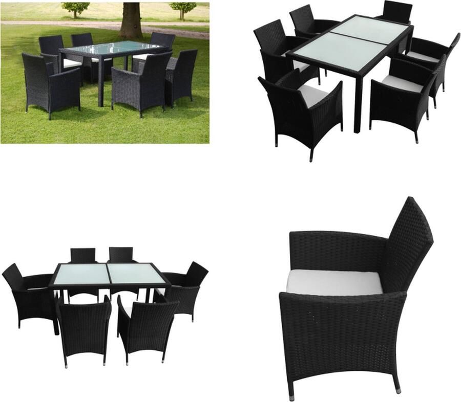 VidaXL 7-delige Tuinset met kussens poly rattan zwart Tuintafel En Stoel Tuintafels En Stoelen Tuintafel Set Tuintafel Sets