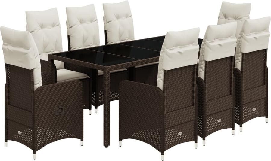 VidaXL 9-delige Bistroset met kussens poly rattan bruin