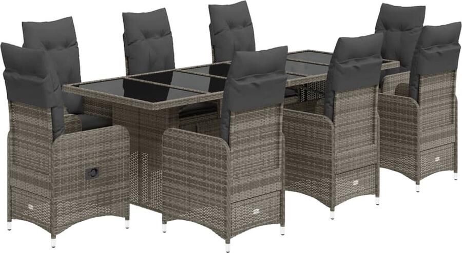VidaXL 9-delige Bistroset met kussens poly rattan grijs