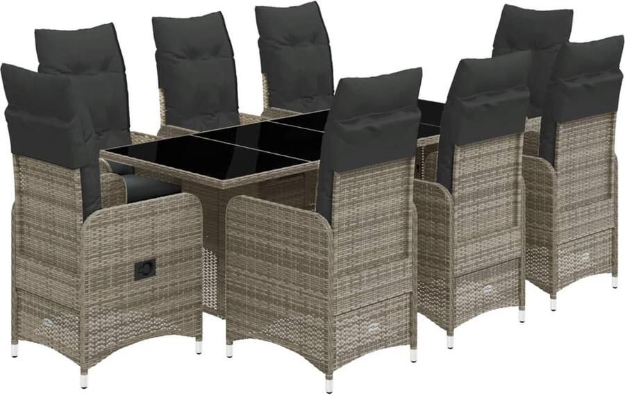 VidaXL 9-delige Bistroset met kussens poly rattan grijs