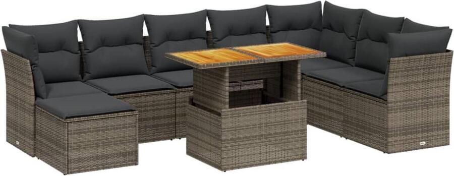 VidaXL 9-delige Loungeset met kussens poly rattan grijs