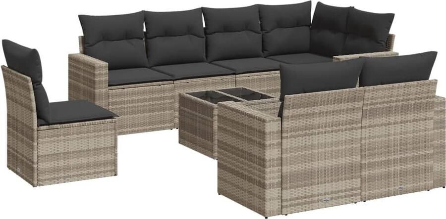 VidaXL 9-delige Loungeset met kussens poly rattan lichtgrijs