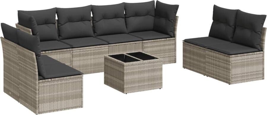 VidaXL 9-delige Loungeset met kussens poly rattan lichtgrijs