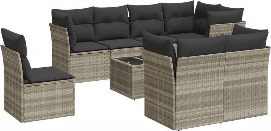 VidaXL 9-delige Loungeset met kussens poly rattan lichtgrijs
