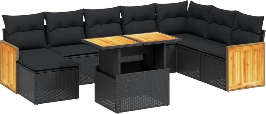 VidaXL 9-delige Loungeset met kussens poly rattan zwart