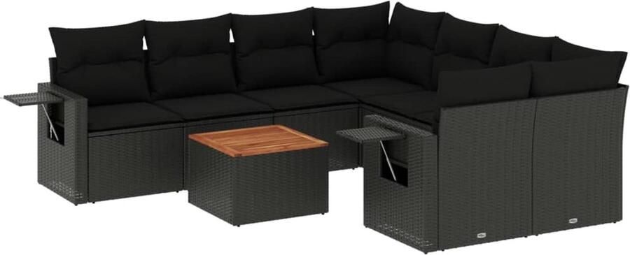 VidaXL 9-delige Loungeset met kussens poly rattan zwart