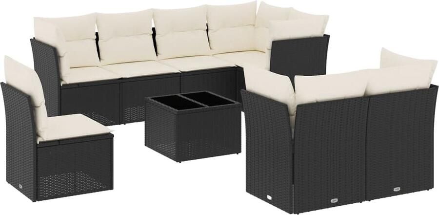 VidaXL 9-delige Loungeset met kussens poly rattan zwart