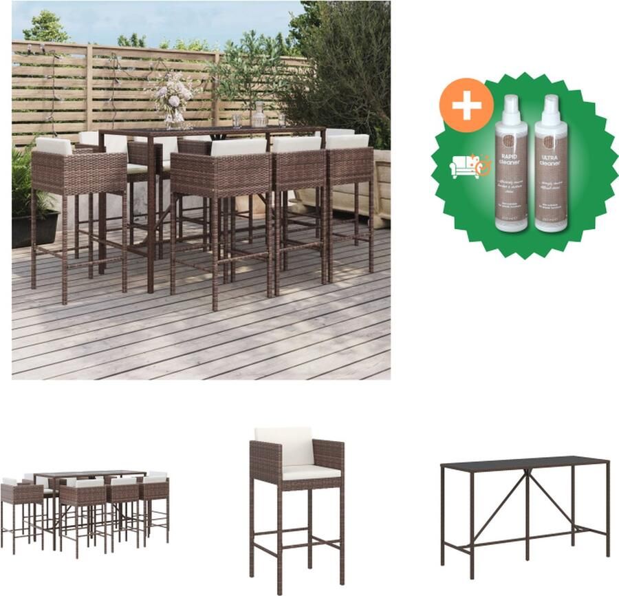 VidaXL Tuinbarset bruin PE-rattan tafel 180x70x110cm 8 barkrukken comfortabele zit stevig frame Tuinset Inclusief Onderhoudsset