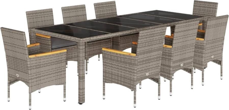 VidaXL 9-delige Tuinset met kussens poly rattan en glas grijs