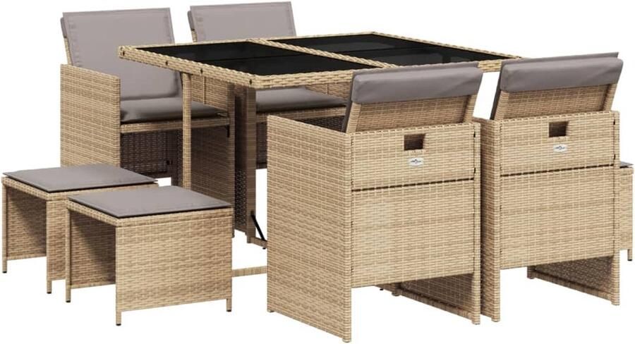 VidaXL 9-delige Tuinset met kussens poly rattan gemengd beige