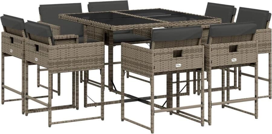 VidaXL 9-delige Tuinset met kussens poly rattan grijs