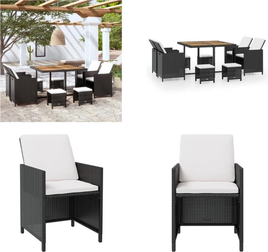 VidaXL -9-delige-Tuinset-poly-rattan-en-acaciahout-zwart Eethoek Voor Buiten Eethoeken Voor Buiten Tuintafel En Stoel Tuintafels En Stoelen