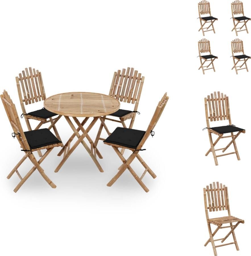 VidaXL Bamboe Eethoek Tafel 80x70 cm Stoel 50x42x92 cm Inklapbaar Zwart Kussen Water- weerbestendig Montage vereist Tuinset
