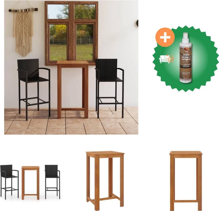VidaXL Barset Acacia 60 x 60 x 105 cm Zwart Poly Rattan 2 Barkrukken Tuinset Inclusief Houtreiniger en verfrisser