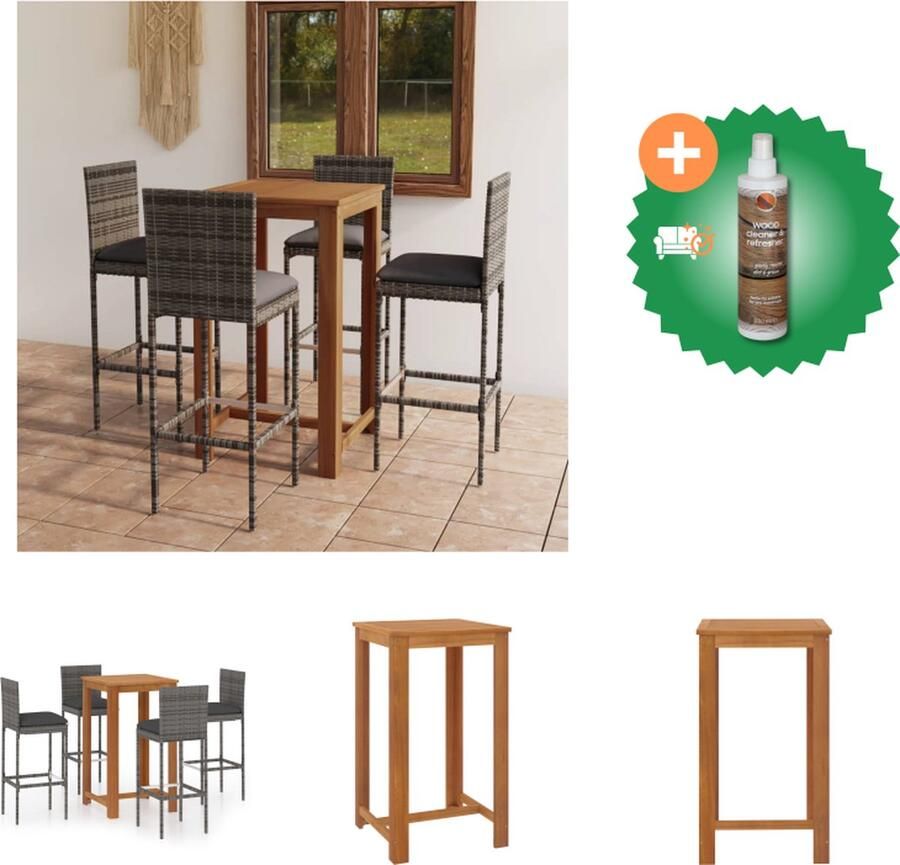 VidaXL Barset Acaciahout Grijs 60x60x105 cm Weerbestendig Incl 4 Barkrukken Tuinset Inclusief Houtreiniger en verfrisser