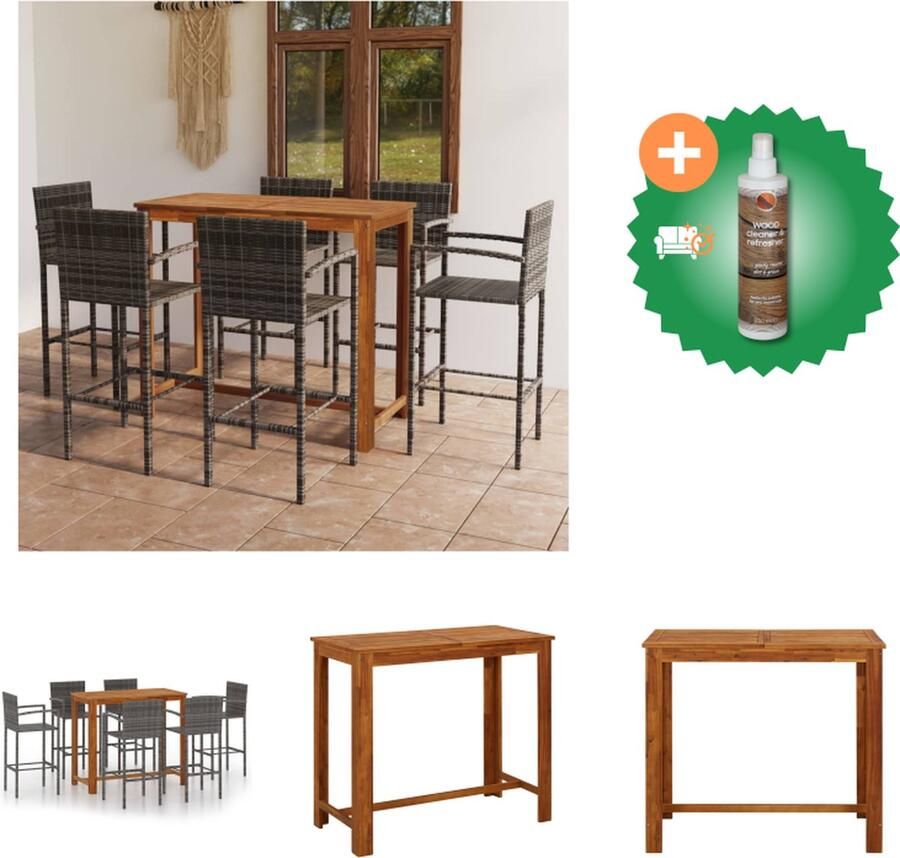 VidaXL Barset Acaciahout PE-rattan Grijs 120 x 60 x 105 cm 6 barkrukken Tuinset Inclusief Houtreiniger en verfrisser