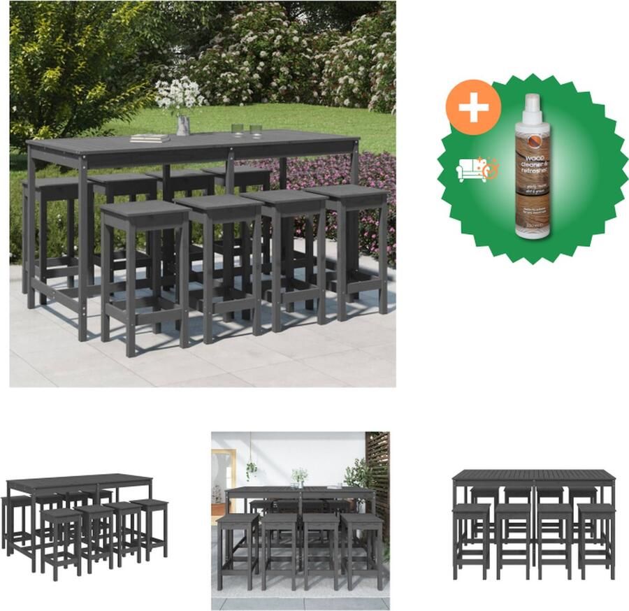 VidaXL Barset Grenenhout Bartafel 203.5x90x110cm 8 Barkrukken 40x40x78cm Grijs Tuinset Inclusief Houtreiniger en verfrisser