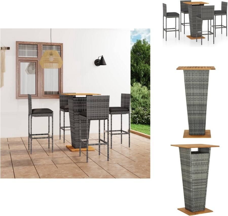 VidaXL Barset Grijs PE-rattan Gepoedercoat staal Massief acaciahout 60x60x110cm Inclusief 4 krukken Tuinset