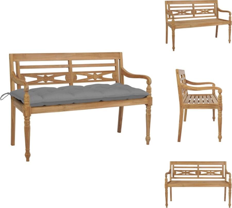 VidaXL Batavia Tuinbank Teakhout 120 x 51.5 x 84 cm Grijs kussen Tuinbank
