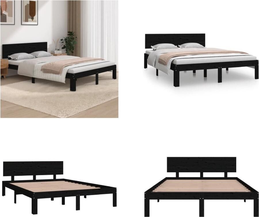 VidaXL Bedframe massief hout zwart 150x200 cm 5FT King Size Bedframe Bedframes Bed Bedbodem