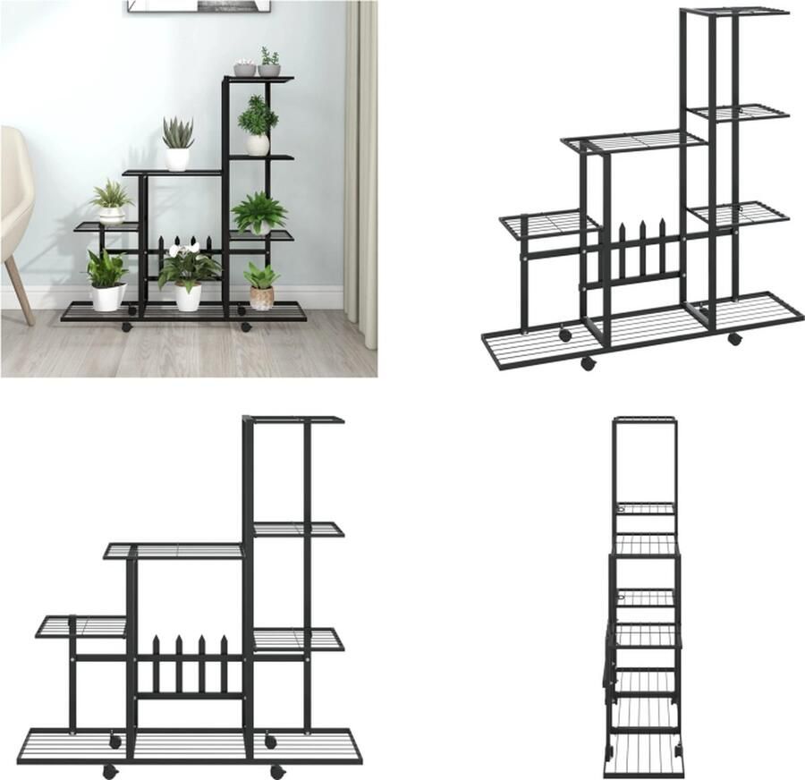 VidaXL Bloemenstandaard met wielen 94-5x25x92-5 cm metaal zwart Standaard Standaarden Standaards Statief