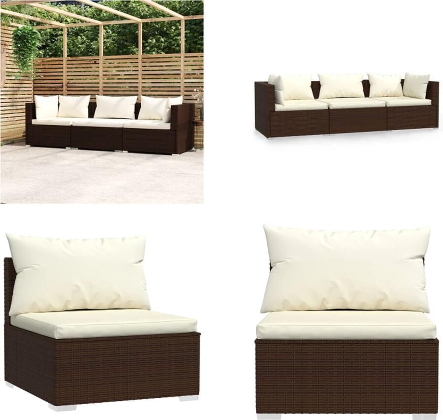 VidaXL Driezitsbank met kussens poly rattan bruin Driezitsbank Driezitsbanken Tuinbank Sofa