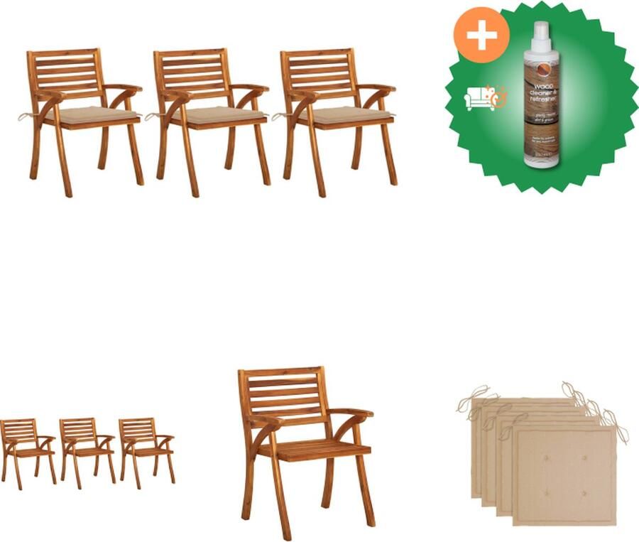 VidaXL Eetkamerstoel Acaciahout Massief Beige kussen 59 x 59 x 87 cm Tuinstoel Inclusief Houtreiniger en verfrisser