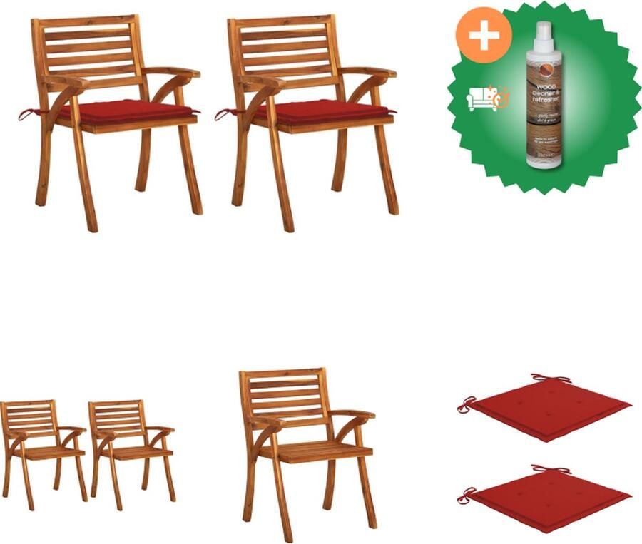 VidaXL Eetkamerstoelen Massief Acaciahout 59x59x87 cm Rood kussen Tuinstoel Inclusief Houtreiniger en verfrisser