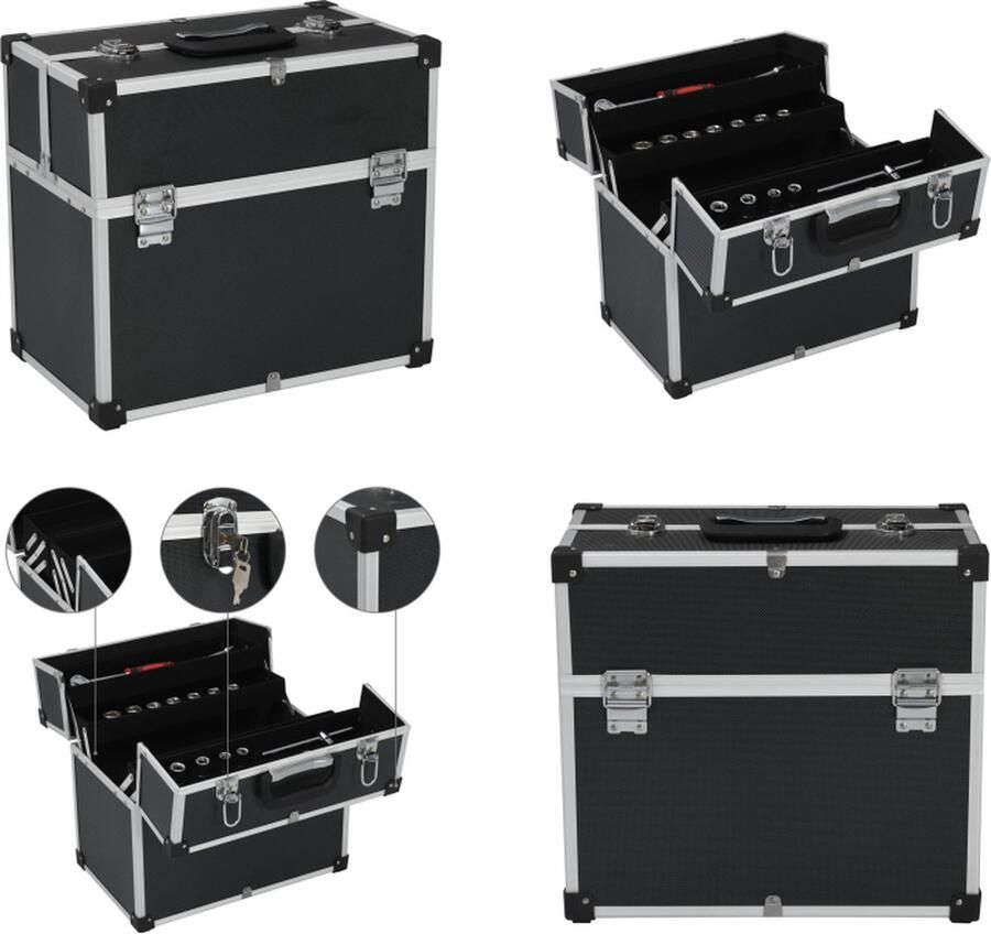 VidaXL Gereedschapskoffer 38x22-5x34 cm aluminium zwart Gereedschapskoffer Gereedschapskoffers Gereedschapskist Gereedschapskisten