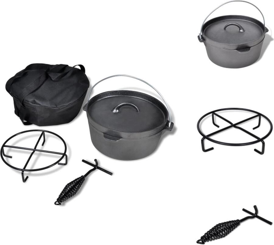 VidaXL Gietijzeren Braadpan 4.2L Zwart 30x27x15cm Inclusief Draagtas Dekselheffer Onderzetter Braadslede