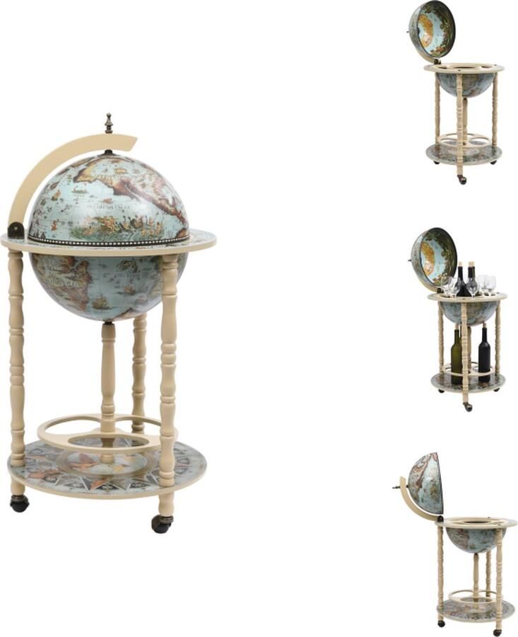 VidaXL Globebar Wereldbol Massief hout 36 cm Blauw wit Met wieltjes Geopend- 47x47x102 cm Gesloten- 47x47x88 cm Montage vereist Wijnrek