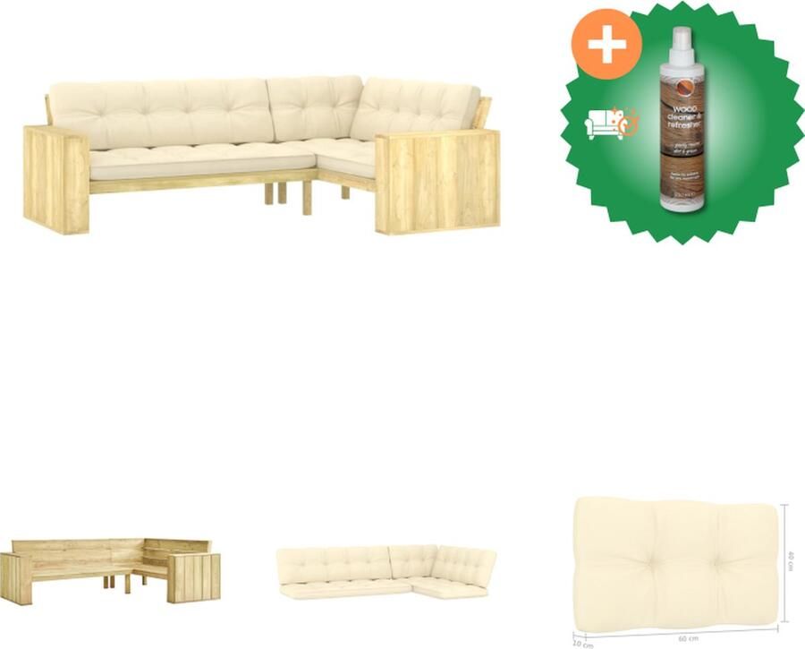VidaXL Hoekbank Vintage Grenenhout 239x164.5x76cm Crème kussen Tuinbank Inclusief Houtreiniger en verfrisser